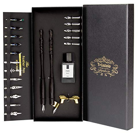 Trustela Calligraphy Set for Beginners, Dip Pen Set with 19 Nibs, Oblique Pen Holder, Wooden Pen Set