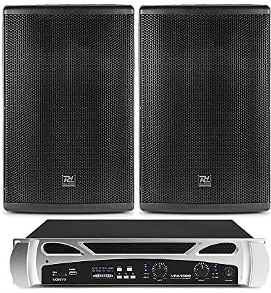 Power Dynamics PD412P 12 DJ PA Speaker System with Vonyx VPA1500 Bluetooth Amplifier & Professional Speaker Cables – Complete 1500W Passive Audio Setup
