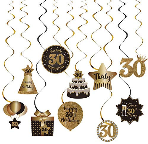 SZHUIHER Happy 30th Birthday Party Hanging Swirls Streams Ceiling Decorations, 30 Foil Hanging Swirls with Cutouts for 30 Years Old Black and Gold Birthday Party Decorations Supplies