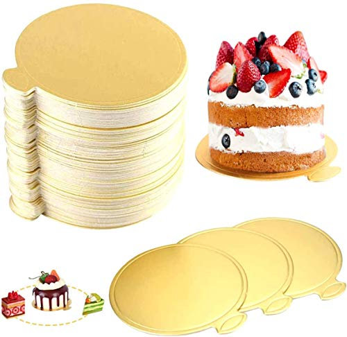 TONAUP 100 Stück Mousse Kuchen Bretter Gold Papier, Cupcake Dessert Zeigt Tray Kuchenplatte Runde Einweg Kuchen Board Kuchenunterlagen Kuchen Dessert Display Tray Cake Boards Rund Set, 8cm