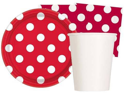 Isola Party Kit Festa di Compleanno Rosso con Pois Bianchi per 12 Persone Eco-Friendly (12 Piatti ⌀ 20 cm, 12 Bicchieri 266 ml, 16 Tovaglioli 25x25 cm)
