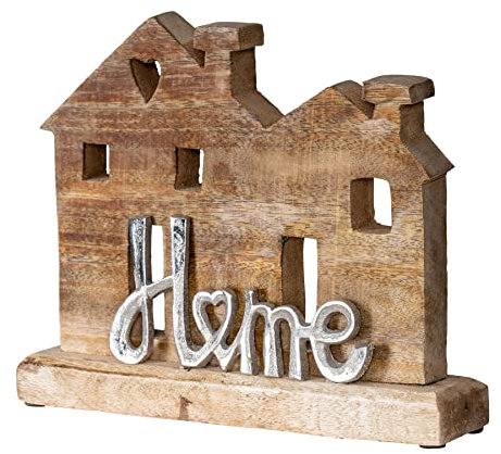 levandeo Aufsteller Haus H21cm Home Mango Metall Schriftzug Holz Deko Mangoholz Tischdeko Wohndekoration