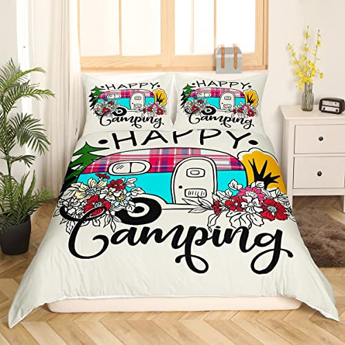 Happy Camping Bettwäsche Set Camper Bettbezug 135 x 200 cm Fahrzeuge Camping Dekoration Camp Reise Auto Bettbezug Vintage Kabine Bettwäsche Rustikal Bauernhaus-Stil Schlafzimmer-Dekor Bettset