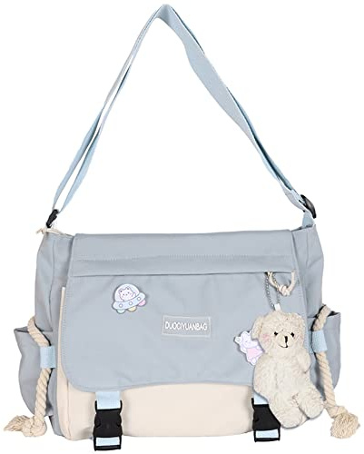 DKIIL NOIYB Kawaii Umhängetasche mit Kawaii-Bär-Anhänger für Mädchen, lässige Kawaii-Kuriertasche, Segeltuch, Hobo-Tasche, mehrere Taschen, Kawaii-Tasche für Damen, A01-Blau, 33W