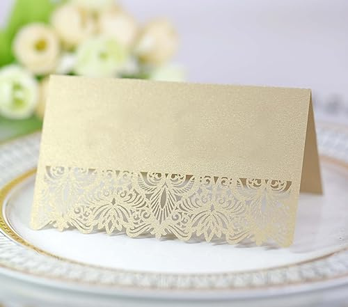 SYSUII 50 Pcs Tischkarten Hochzeite,Platzkarten Namensschilder Namenskarten Spitze Blanko Namenskärtchen Perlglanzpapier-Platzkarten Hohle Sitznummernkarten für Hochzeiten, Partys, Bankette-Gold