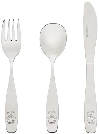 Baroni Home Set 3 pz Posate per Bambini in Acciaio Inox, Posate con Manico Ergonomico, Lavabili in Lavastoviglie, Forchetta, Coltello, Cucchiaio, Tema Orsacchiotto