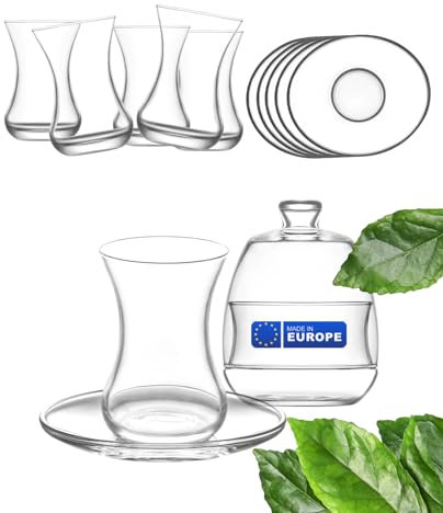 vienberg 13tlg. Teeset aus hochwertigem Glas 6 x Teegläser, 6x Untersetzer, 1 x Zuckerschale Türkische Teegläser Teeglas spülmaschinenfest