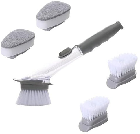 JDCMEI Cepillo Multiusos para Lavavajillas, Cepillo para Platos con Dispensador de Jabón Cepillo de Cocina con 4 Cabezales Intercambiables Cepillo de Limpieza para Limpieza de Ollas y Fregaderos