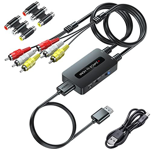 PARUIEN Convertidor RCA a HDMI Con Interruptor de Salida 720P/1080P, Puertos Duales AV Compuesto Compatible Con VHS/DVD/STB/N64/PS2/Wii