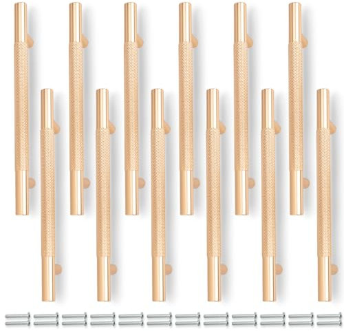 Bwintech 12 Pack Gold 181MM Knurled Cupboard Handles, 128MM Hole Centers Furniture Drawer Pulls Cupboard Knobs Cabinet Handles
