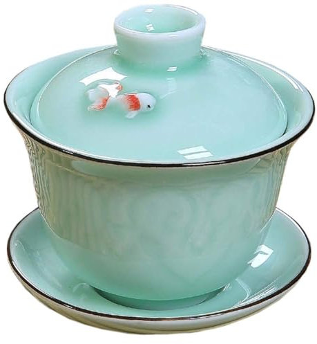AUSUAYA Ceramic Gaiwan Set, GAI Wan Tea Cup with Lid for Chinese Traditional Gongfu Tea Ceremony Brew Loose Oolong/Puerh Tea G-W-1 (Fish)
