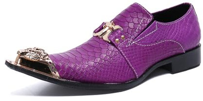 Scarpe Uomo Pelle, Eleganti scarpe eleganti da uomo a punta in metallo scozzese viola, Festa di nozze Banchetto Discoteca Stage Host Barbiere Uniforme Scarpe da lavoro per ufficio, 44 EU ,Purple