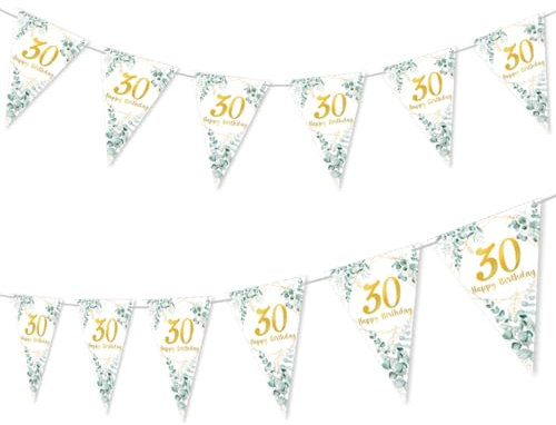 30 Geburtstag Deko Grün Gold, Girlande 30 Geburtstag Wimpelkette, Deko 30 Geburtstag Frau Mann, Happy Birthday Wimpelkette 30 Girlande Grün Gold Weiß für Frauen Mann 30 Geburtstagdeko