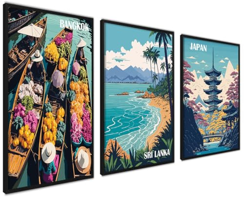 3er Set Poster 30x40cm Ohne Rahmen Wanddeko Wohnzimmer Ideal als Geschenk | Asien Travel mit Rahmen Bangkok Sri Lanka Japan Vintage Illustration Wandbild für Badezimmer Wohnzimmer, Modernes Design
