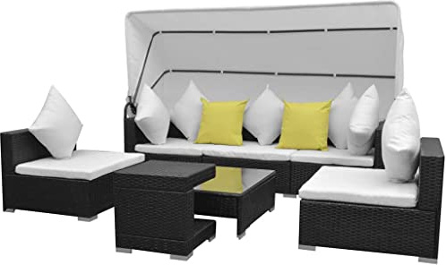 WEMYUFURN 7-TLG. Garten-Lounge-Set mit Sonnendach Poly Rattan Schwarz, Outdoor-Sitzgruppe, Terrassen-Lounge-Set, Garten-Couchgarnitur - Wetterbeständig, Komfortabel - für Terrasse, Garten und Balkon