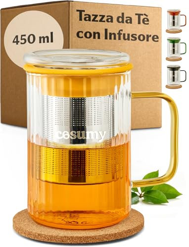 Cosumy - Tazza Tisana con Infusore e Coperchio 450ml - Tazza da Tè Resistente al Calore con Manici Colorati e Filtro in Acciaio