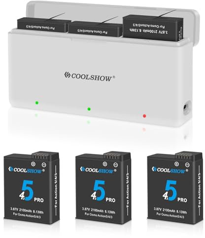 COOLSHOW Osmo Action 5 Pro/Action 4/3 Battery 2100 mAh 3 Pieces and Osmo Action 5/4/3 Battery Charger Set Compact Portable Charger Design Compatible with DJI Osmo Action 5 Pro, Osmo Action 4, Osmo