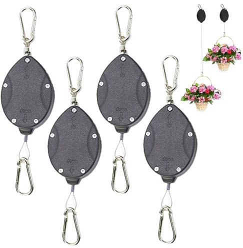Muzrunq Retractable Plant Hanger Hanging Plant Pulley Adjustable Stainless Steel Plant Hanger Retractable Within 15kg Tension Plant Hanging Pole for Flower Basket Pot 4PCS