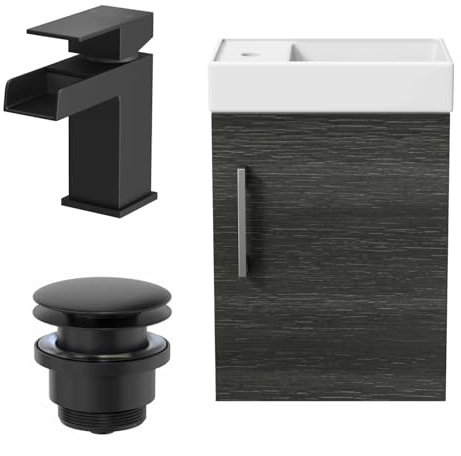 AURORA® 400mm Bathroom Vanity Unit Ceramic Wash Sink Wall Hung Storage Cabinet Reversible Soft Close Cupboard & Black Waterfall Basin Mixer Tap & Waste Set, Charcoal Grey