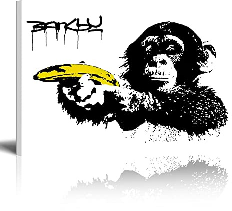 Banksy Bilder Leinwand Affe hält Banane 1 Teilig 160x90 cm Graffiti Streetart Bilder LeinwandBild Auf Keilrahmen XXL Wandbild Poster Pop Art bunt für Wohnzimmer Schlafzimmer Dekor