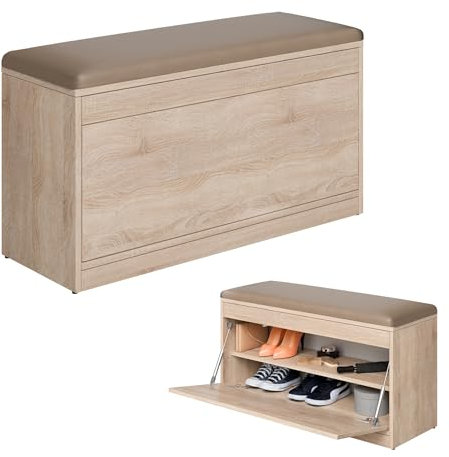 PLATAN ROOM Schuhschrank mit Sitzfläche 100 x 53 x 35 cm Schuhbank aufklappbar Sitzkommode Weiß Eiche Gold (Sonoma Eiche mit Cappuccino-Sitz)