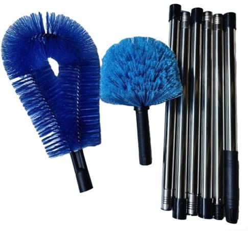 Scopa per ragnatele con manico telescopico, in acciaio inox, manico lungo, con asta di prolunga per la pulizia di soffitti, pareti, interni ed esterni (A)