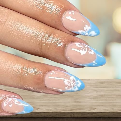 Blue Nails French Tip False Nails - Press On Nails Almond with Flower Design - Medium Length False Nails with Glue - 24pcs Summer Reusable Stick on Nails for Women Girls