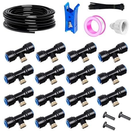 HUAZIZ Nebulizzatore per terrazza esterna, sistema di nebulizzazione per giardino, sistema di irrigazione, tubo nebulizzatore da 20 m 6 mm + 15 pezzi di ugelli nebulizzatori blu, sistema di