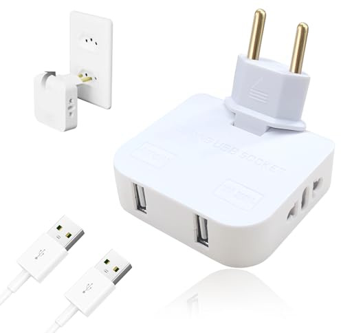WEDAWIN Steckdosenadapter USB, Mehrfachsteckdose Flacher Stecker mit 2 USB-Buchsen,um 180° Drehbarer Kopf, US to EU Adapter, für Platzsparende Orte für Reisen und Heimgebrauch