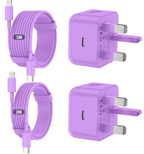 iPhone Charger Fast Charge 2Pack，PD Fast for Apple Charger UK USB C Plug With 2M&3M iPhone Fast Charger Cable [ MFi Certified] Lightning Cable for iPhone 14 13 12 11 Pro Max, iPad (Purple, 2Packs)