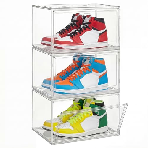 SONGMICS Clear Stackable Shoe Boxes, Fits Shoes up to UK Size 13, Set of 3 | PET Plastic with Magnetic Door, Transparent, Stackable, Ventilated, Easy Assembly, DENNYS Collection LSP703WH02