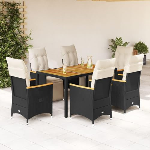 Ziaphsol 7-TLG. Garten-Bistro-Set, Schwarz Poly Rattan, Verstellbare Relaxsessel, Akazienholz-Tisch, UV-beständig, Cremeweiße Kissen, für Terrasse, Balkon & Garten, Langlebig & Pflegeleicht