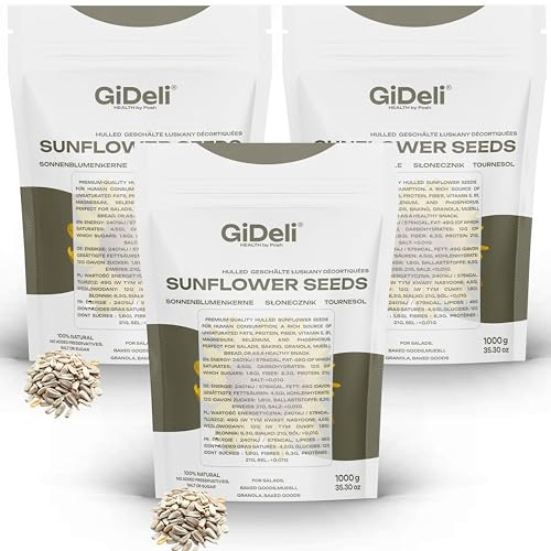 GiDeli Sonnenblumenkerne geschält 3 x 1kg - Roh und Ungesalzen - Gesunder Snack für Menschen - Ideal zum Essen, Backen und Kochen
