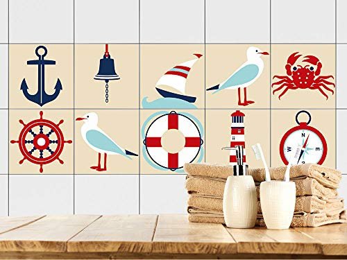 GRAZDesign Klebefliesen Bad Set Möwe Schiff Glocke Krabbe, Fliesen zum Aufkleben Klebefliesen für Badfliesen - Set 10 Stück