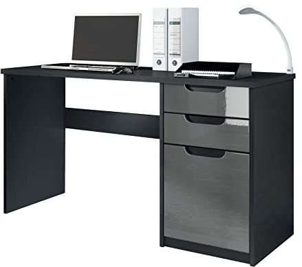 Vladon Schreibtisch Logan, Made in Germany, Bürotisch mit 2 Schubladen und 1 Tür, Schwarz matt/Grau Hochglanz (129 x 76 x 60 cm)