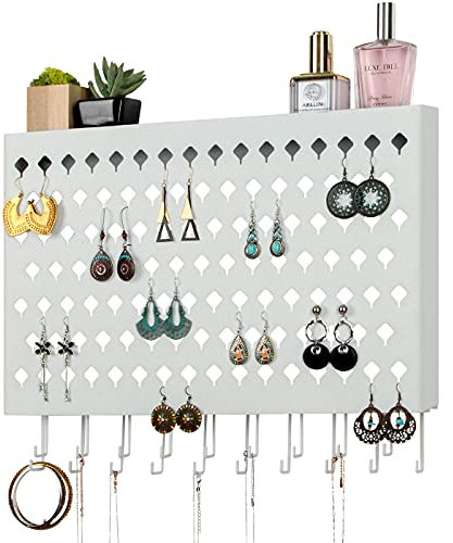 JackCubeDesign Wall Mount Earring Jewelley Hanger Organiser Holder Necklace Bracelet Rack Storage Display Stand Hanging Iron with 109 Holes/19Hooks(White, 41.9 x 6 x 33.5 cm)-:MK329B