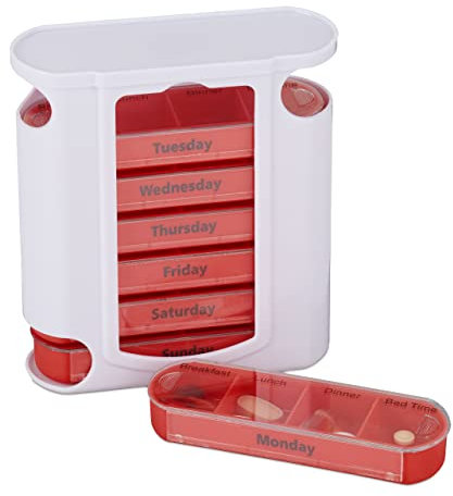 Relaxdays Pillendose 7 Tage, wöchentliche Tablettenbox, 4 Fächer, Englisch, Medikamentendose mit Schiebedeckel, weiß/rot