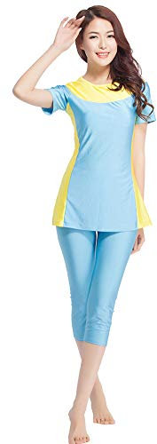 TianMaiGeLun Muslimische Bademode Badeanzug Full Cover Bescheidene Badebekleidung Modest Muslim Swimwear Beachwear Burkini Kurzarm Tops und Hose 2-Teilige Modest Bademode Sets (Hellblau, L)