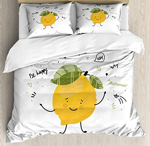 ABAKUHAUS Zitrone Bettbezugs Set Für Doppelbetten, Lustige glückliche Zitrone Doodle, Milbensicher Allergiker geeignet mit Kissenbezügen, 200 x 200 cm, Gelb