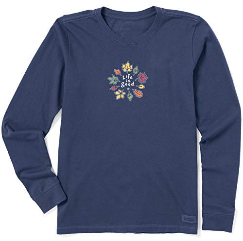 Life is Good Crusher T-Shirt für Damen, langärmelig, Baumwolle, Grafik-T-Shirt, Lig Leaves, tiefdunkelblau, Klein