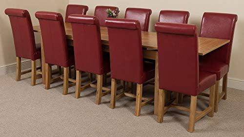 Richmond 200cm - 280cm Oak Extendable Dining Table with Chairs - Large Oak Dining Set with 10 Washington Burgundy Leather Chairs