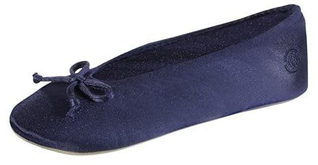 Isotoner Women's Satin Ballerina Slippers with Classic Ribbon Suede Sole Ballet Flat, Navy Blue Soft Tie Bow, 6/7 UK