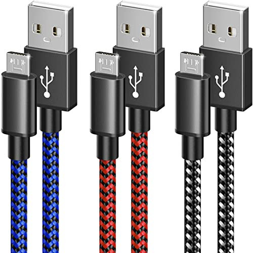 [3 Pack 3M] PS4 Controller Charger Charging Cable Nylon Braided Micro USB High Speed Data Sync Cord Compatible with Playstation 4, PS4, Xbox One S/X Controller, Android Phones (Black&Blue&Red)