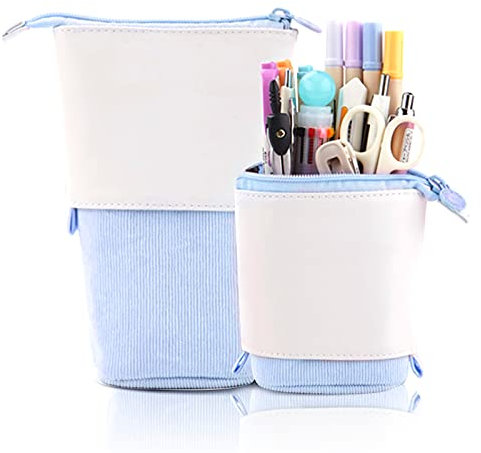 S SMAUTOP Trousse À Crayon Pochette Sac en Velours Côtelé Et en Cuir PU Support Crayon avec Fermeture À Glissière pour Garçons Filles Enfants Adulte, Bleu