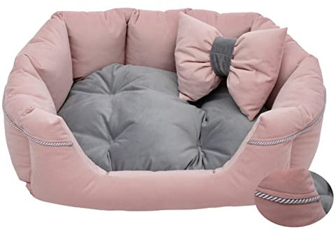 Salla Bett für Hunde & Katzen, Waschbares Hundebett, Kuschelbett für Haustiere, Flauschig & Kuschlig, Kuschelkörbchen mit Kissen, Katzenbett mit Kissen in Schleifenform, Rosa/Graphit, 80 x 65 cm