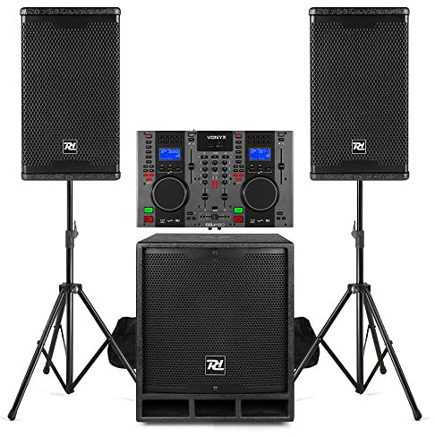 PD COMBO1200 DJ PA System Package with CDJ450 Dual CD Mixer, Active 12-inch Subwoofer, Satellite Speakers, Bluetooth, Speaker Stands & Cables for DJ Equipment Packages and Live Events