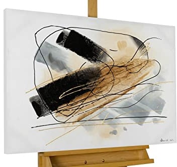 KunstLoft Tableau peinture moderne | 100% PEINT À LA MAIN | 100x75cm | Peinture sur toile 'Tepid Breath' | Abstrait | Or Noir | Deco murale salon