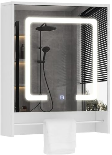 CLIPOP LED beleuchteter Badezimmer Spiegelschrank, Badezimmer Wandschrank mit verstellbaren Höhenregalen und Turmregal, Spiegelchrank für Wohnzimmer, Badezimmer, WC