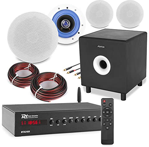 Power Dynamics Smart WiFi Ceiling Speaker System with 10 Active Subwoofer, Bluetooth Wireless Streaming, Multi Room Home Audio, Includes 4x ESCS5 Ceiling Speakers, Amplifier and Cables