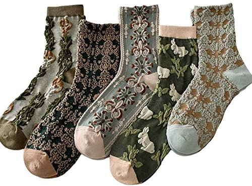 5 Paar Geblümte Damensocken aus Baumwolle,Vintage Bestickte Blumensocken,Warme Wintersocken,Damen Frauen niedliche Spitzensocken Retro Blumenmuster Blumen Baumwolle Socken,Blumen Vintage Crew Socken